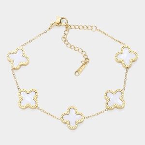 Gold White Mother of Pearl Quatrefoil Pendant Bracelet Station Clover Chain